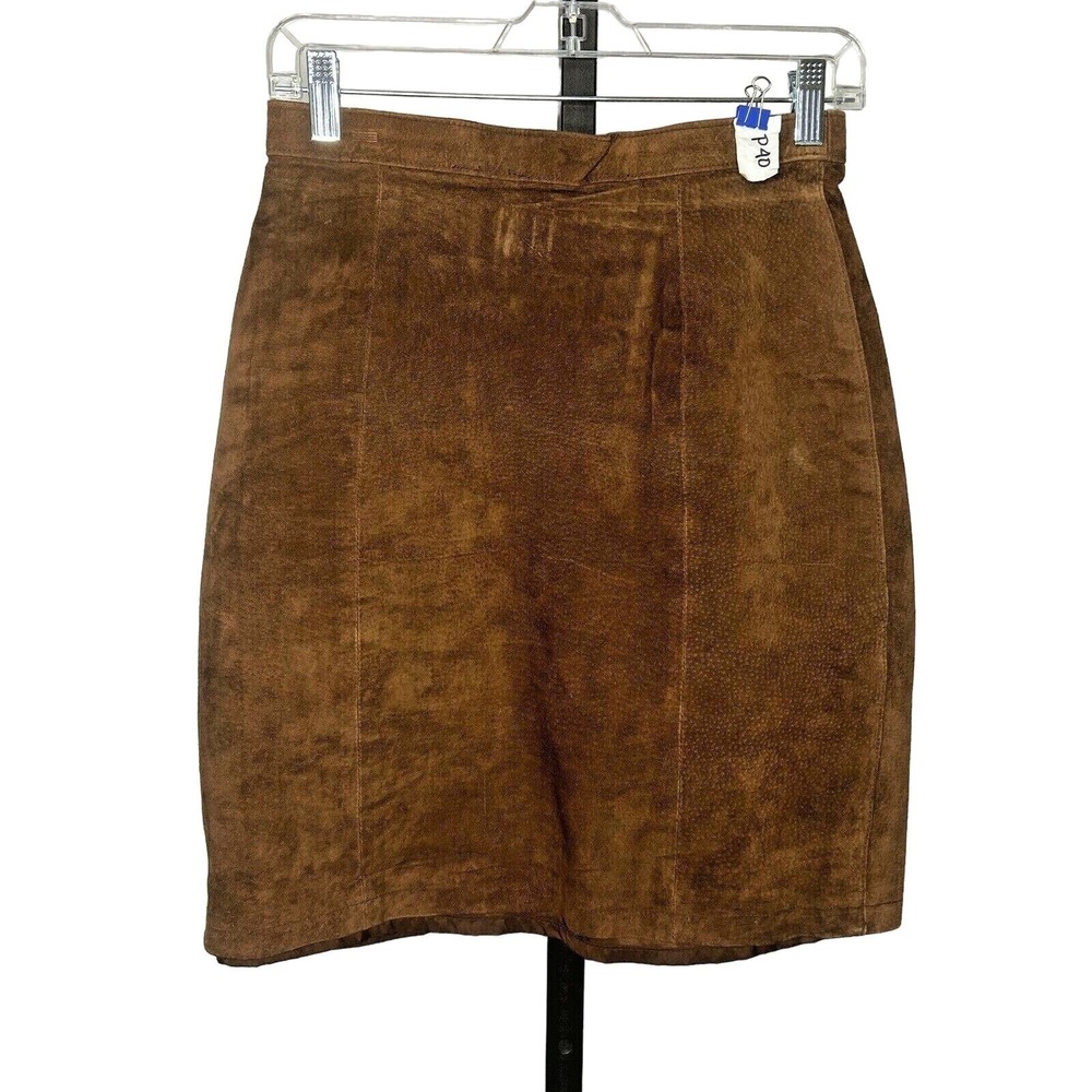 Vintage 90s‎ Suede Leather Skirt Womens 9/10 27" Waist Brown Back Zip Lined